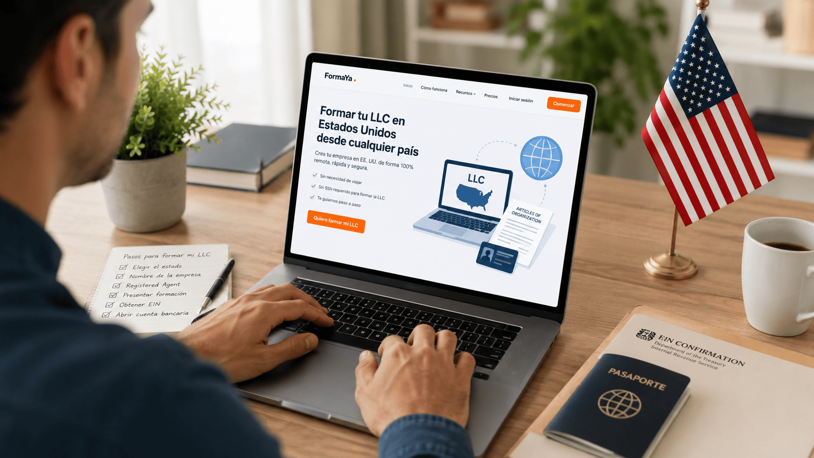 Escritorio con laptop mostrando el sitio de FormaYa, bandera de Estados Unidos, pasaporte y documento de confirmación del EIN